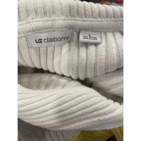 Liz Claiborne Womens White Yellow Navy Cotton Ribbed Knit Sweater Large Pullover - Picture 3 of 6